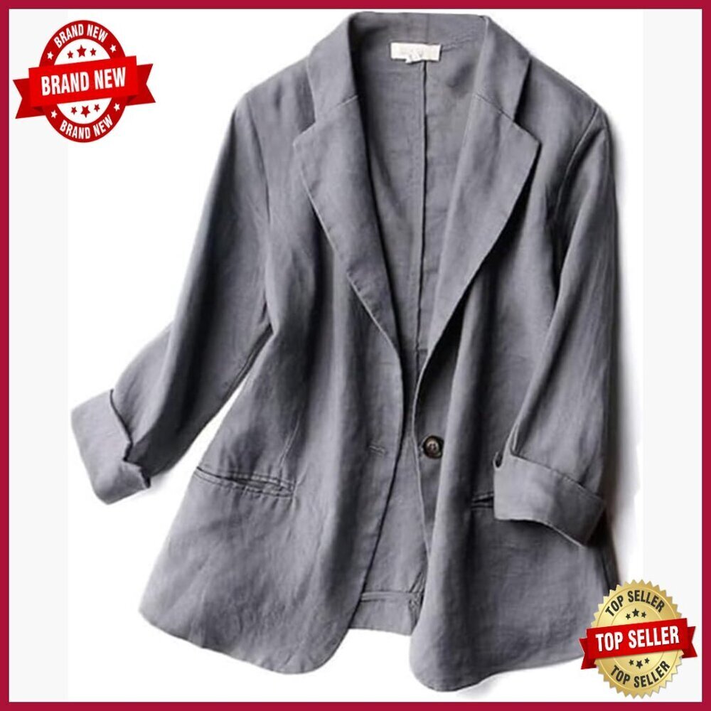 Casual Linen Blazer 3/4 Sleeve Slim Fit One Button Lapel Jacket